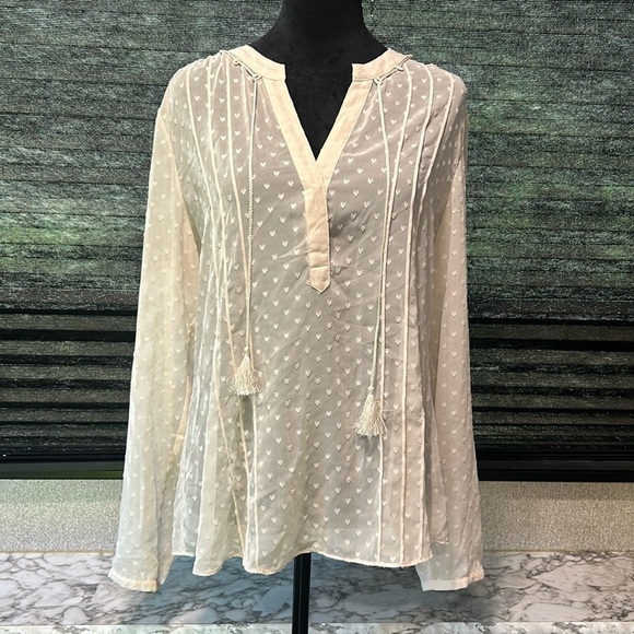 NIC+ZOE Tops - NIC+ZOE Women Cream V-Neck Long Sleeve Embroided Heart Tassel Tie Blouse Large